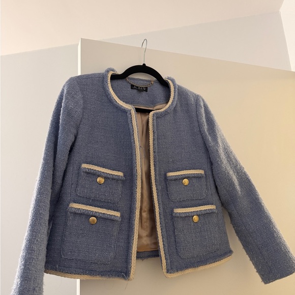 J. Crew Light Blue Bouclé Cropped Blazer with Cream Trim - Picture 2 of 4
